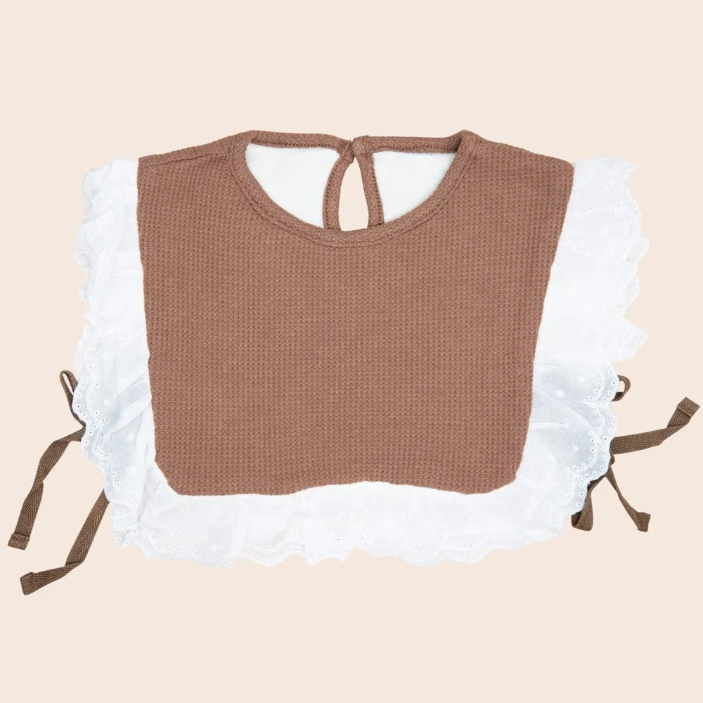Brown Waffle Knit Baby Bib White Eyelet Lace Ruffle Side Tie Vintage Style